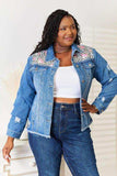 Baeful Leopard Floral Distressed Raw Hem Denim Jacket - Trendsi - Flyclothing LLC
