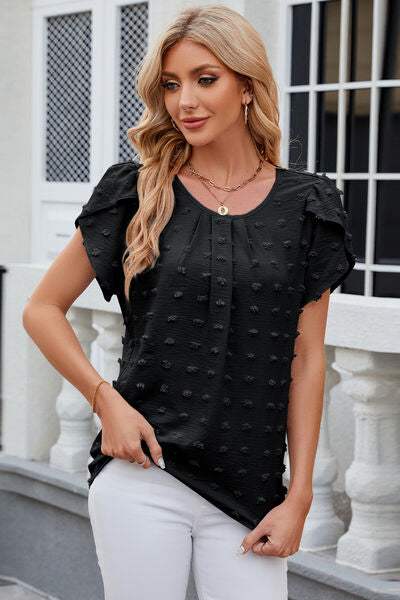Swiss Dot Round Neck Short Sleeve T-Shirt - Trendsi - Flyclothing LLC