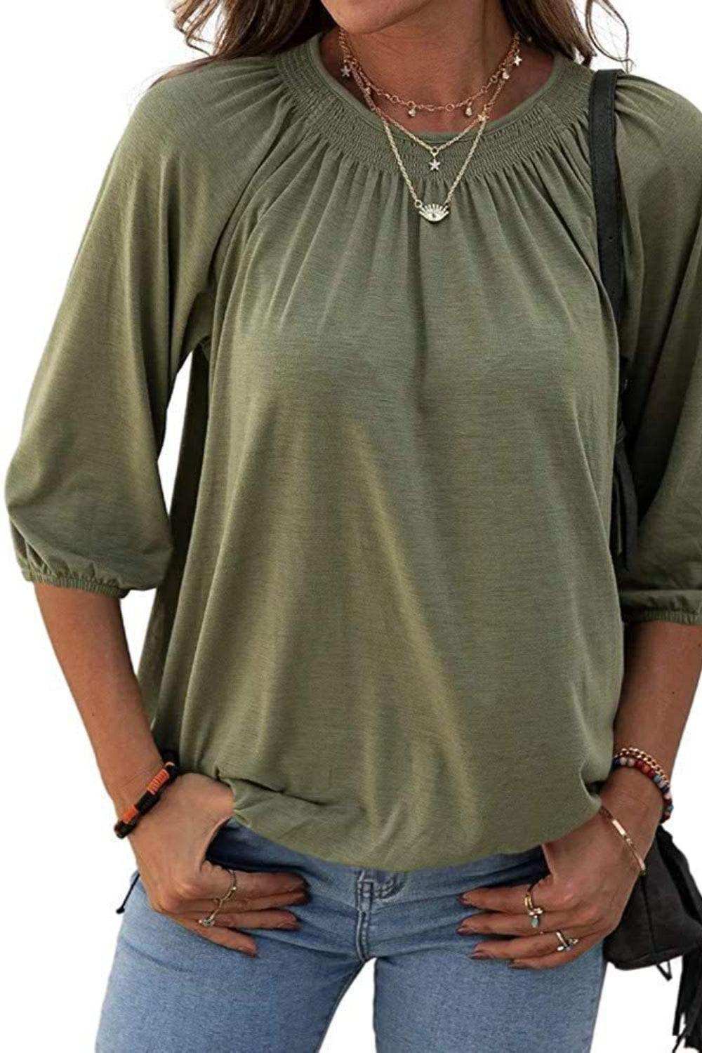 Gathered Detail Round Neck T-Shirt - Trendsi - Flyclothing LLC