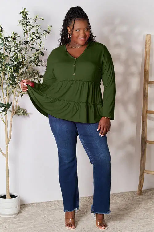 Double Take Half Button Long Sleeve Ruffle Hem Blouse - Trendsi - Flyclothing LLC