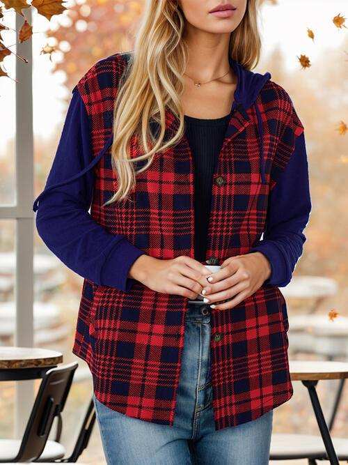 Contrast Button Up Drawstring Hooded Shirt - Trendsi - Flyclothing LLC