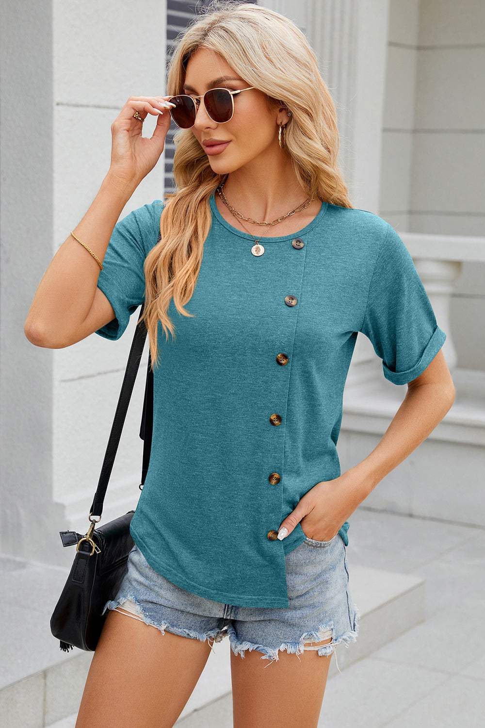 Round Neck Short Sleeve T-Shirt - Trendsi - Flyclothing LLC