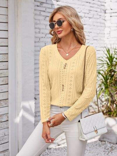Decorative Button Openwork V-Neck T-Shirt - Trendsi - Flyclothing LLC