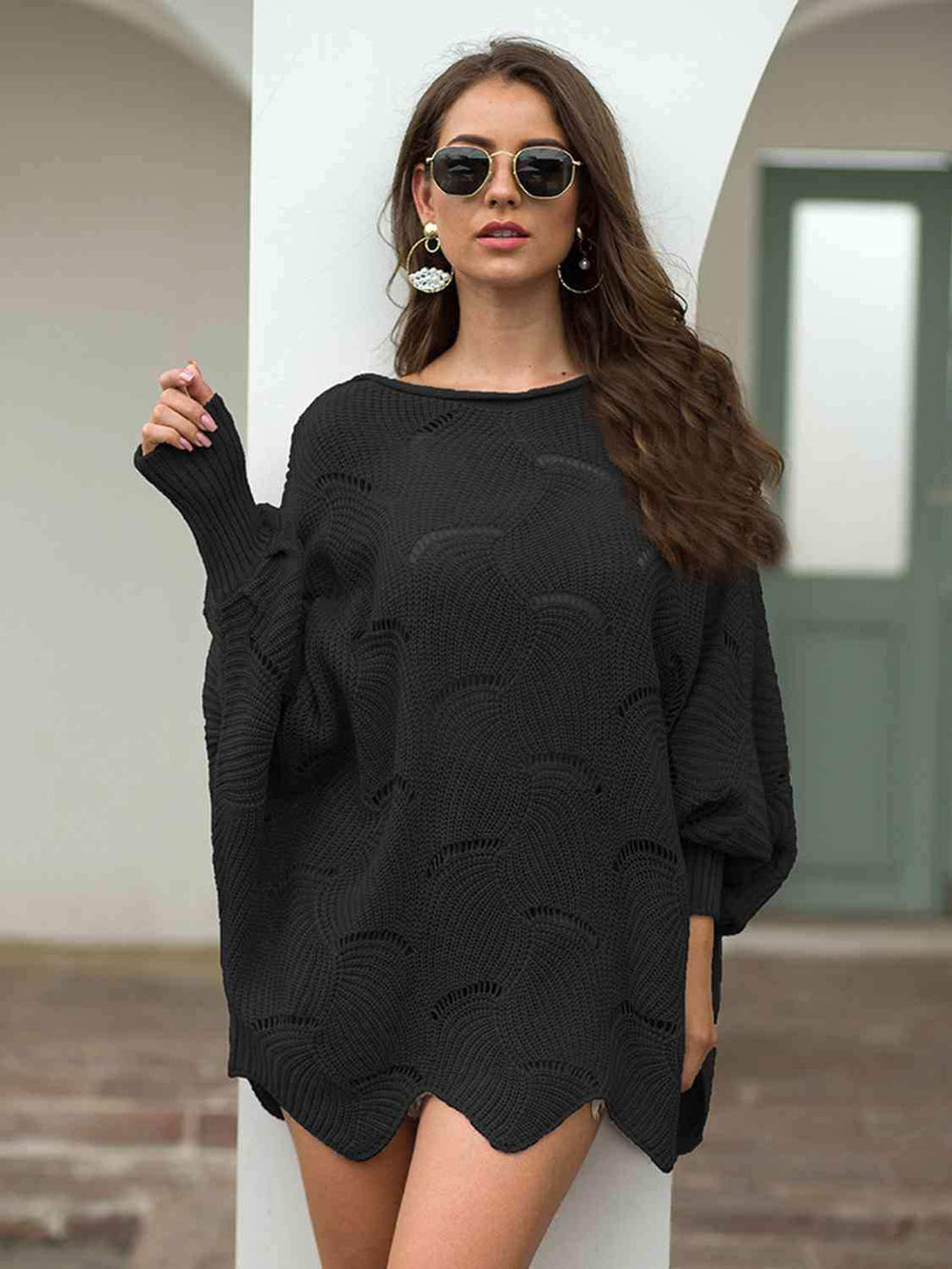 Full Size Boat Neck Lantern Sleeve Openwork Knit Top - Trendsi - Flyclothing LLC