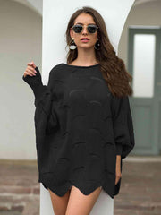 Full Size Boat Neck Lantern Sleeve Openwork Knit Top - Trendsi