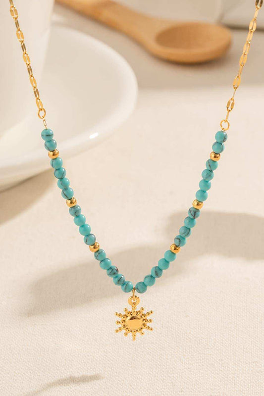 Turquoise Beaded 18K Gold-Plated Sun Shape Pendant Necklace - Trendsi - Flyclothing LLC