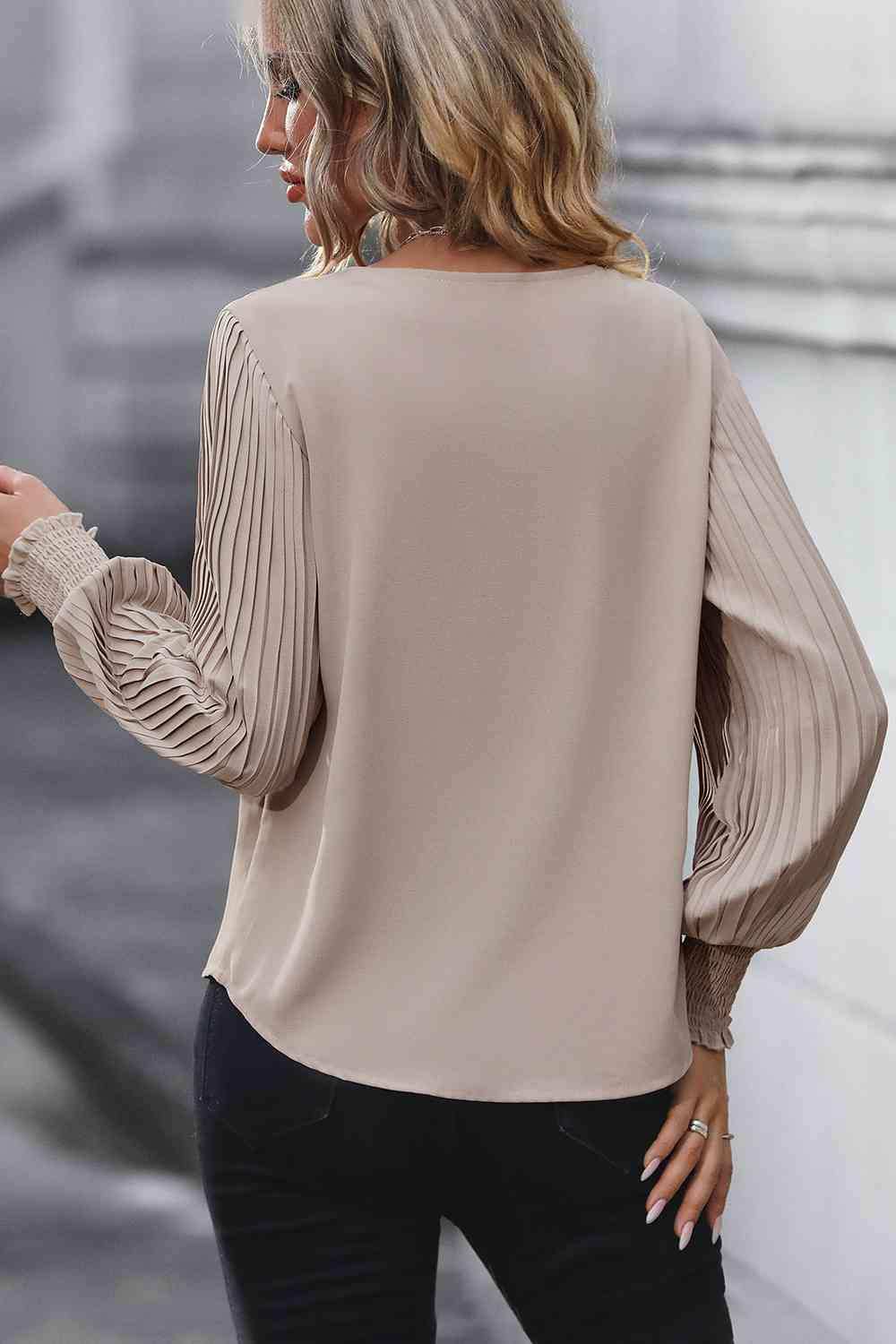 Pleated Lantern Sleeve V-Neck Blouse - Trendsi - Flyclothing LLC