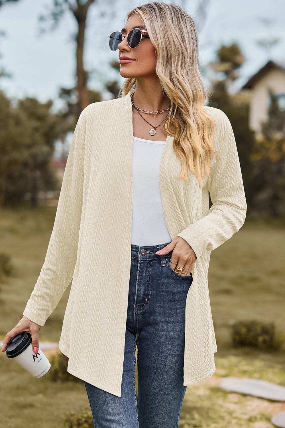 Textured Open Front Long Sleeve Cardigan - Trendsi - Flyclothing LLC