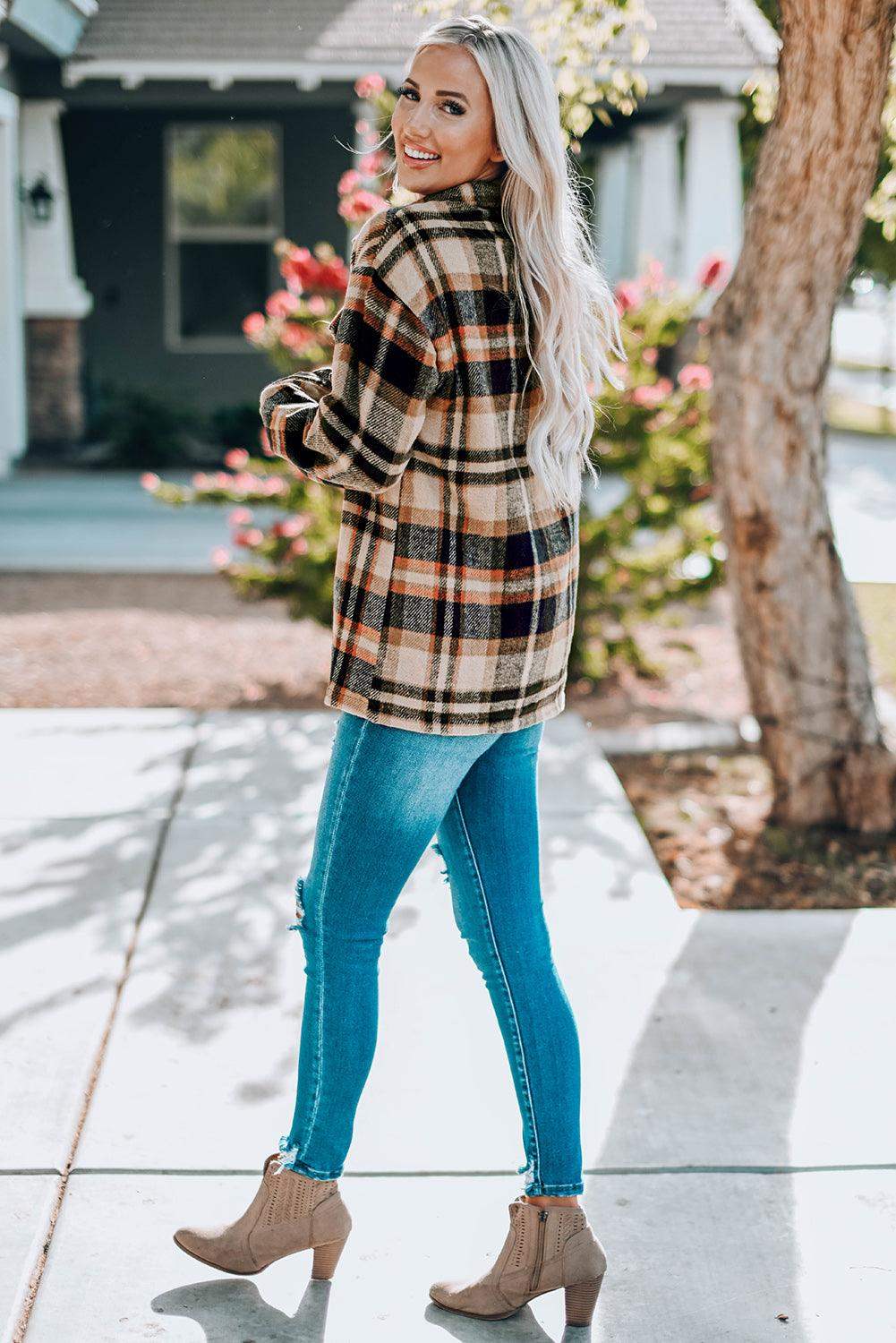 Plaid Button Front Shirt Jacket with Breast Pockets - Trendsi - Flyclothing LLC