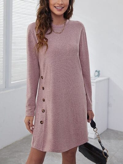 Decorative Button Round Neck Dress - Trendsi