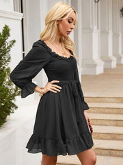 Tie Front Ruffle Hem Smocked Dress - Trendsi