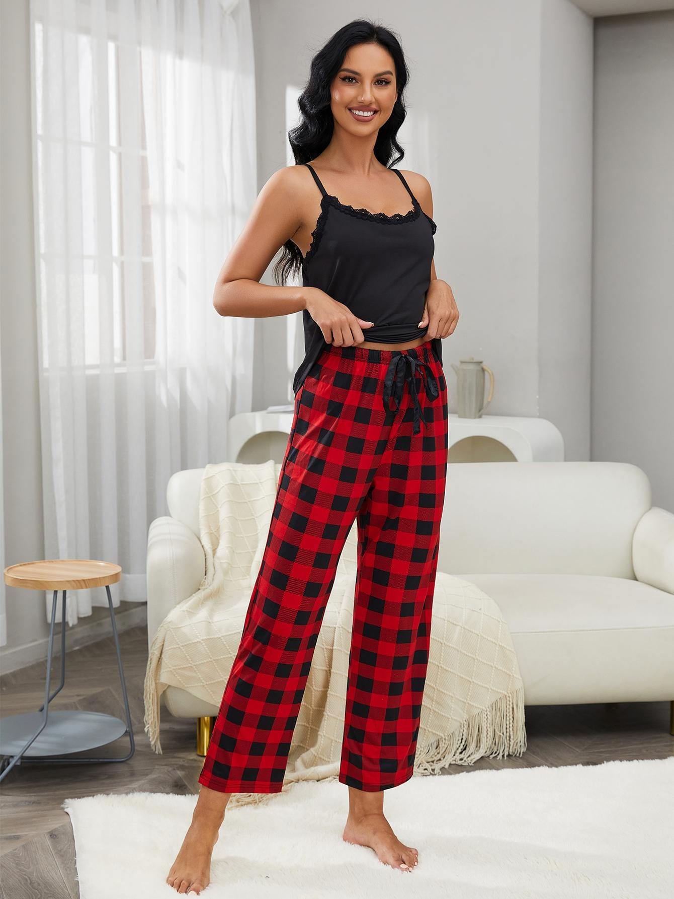 Lace Trim Cami and Plaid Pants Lounge Set - Trendsi