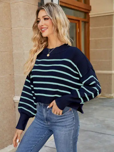 Round Neck Striped Lantern Sleeve Sweater - Trendsi - Flyclothing LLC