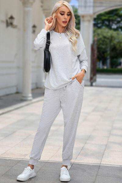Round Neck Top and Drawstring Pants Lounge Set - Trendsi - Flyclothing LLC