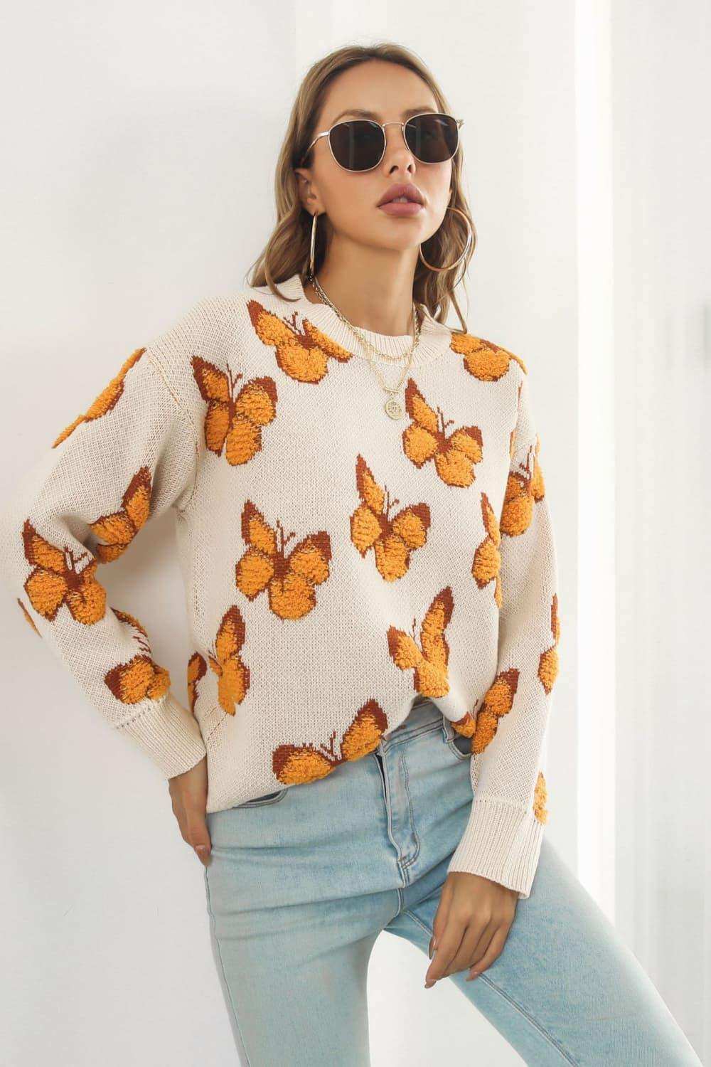 Butterfly Pattern Round Neck Dropped Shoulder Sweater - Trendsi - Flyclothing LLC