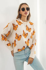 Butterfly Pattern Round Neck Dropped Shoulder Sweater - Trendsi
