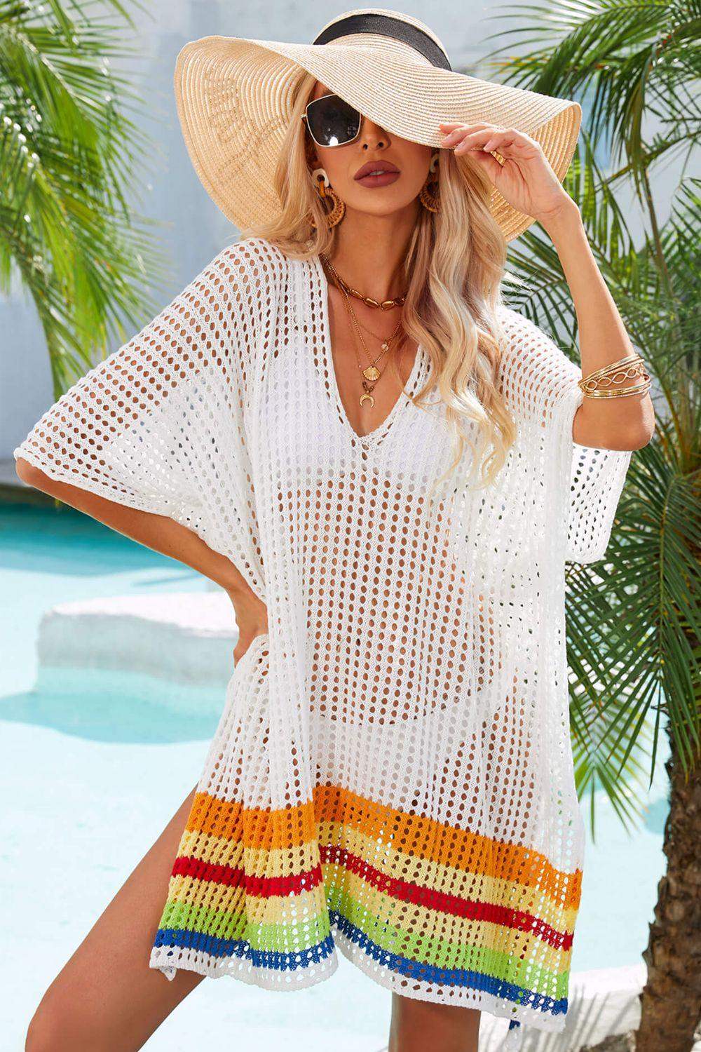 Rainbow Stripe Openwork Slit Cover-Up - Trendsi - Flyclothing LLC