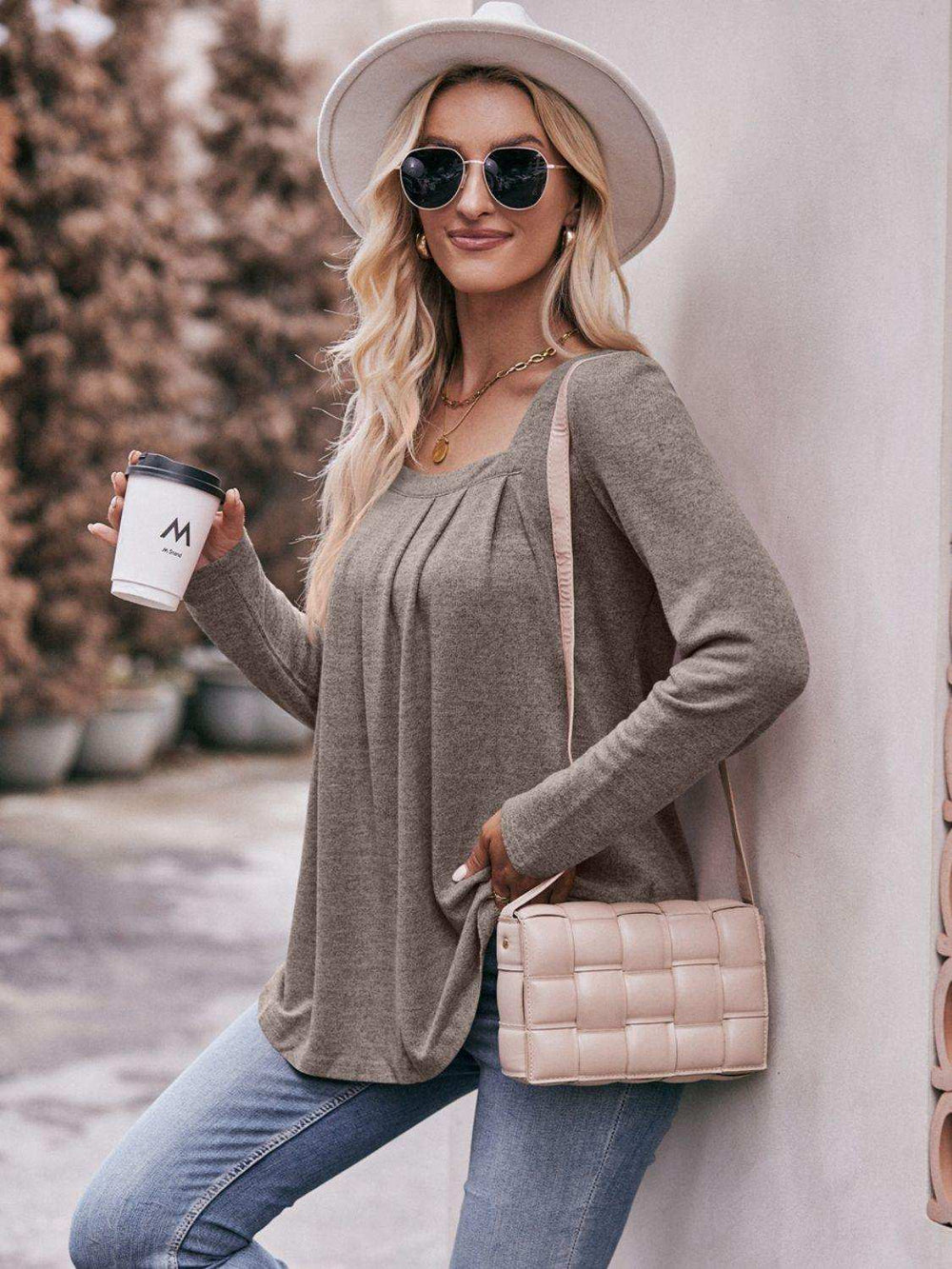 Pleated Detail Curved Hem Long Sleeve Top - Trendsi - Flyclothing LLC