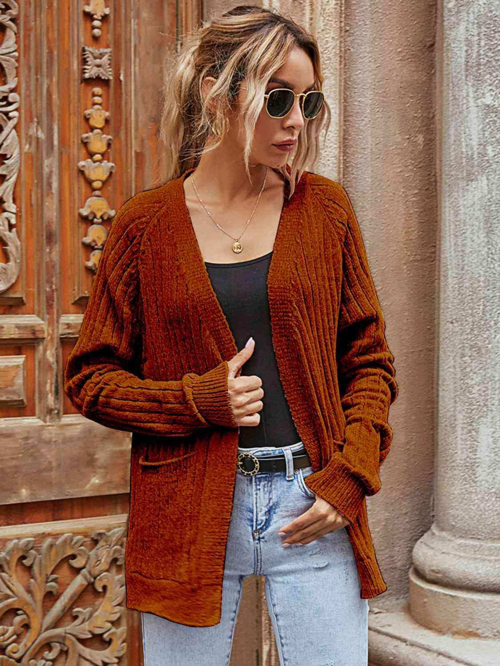 Ribbed Open Front Long Sleeve Cardigan with Pockets - Trendsi - Flyclothing LLC