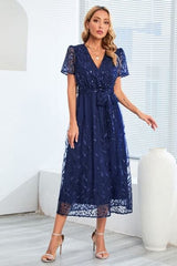 Sequin Leaf Embroidery Tie Front Short Sleeve Dress - Trendsi