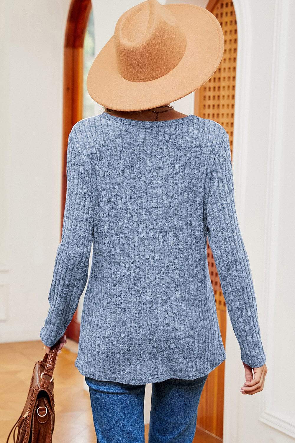 Eyelet Ribbed Round Neck Long Sleeve T-Shirt - Trendsi - Flyclothing LLC