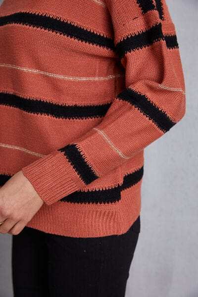 Striped Round Neck Dropped Shoulder Sweater - Trendsi - Flyclothing LLC