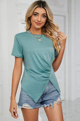 Ruched Round Neck Short Sleeve T-Shirt - Trendsi - Flyclothing LLC