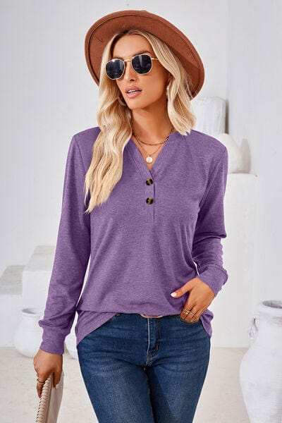 Notched Button Detail Long Sleeve T-Shirt - Trendsi - Flyclothing LLC
