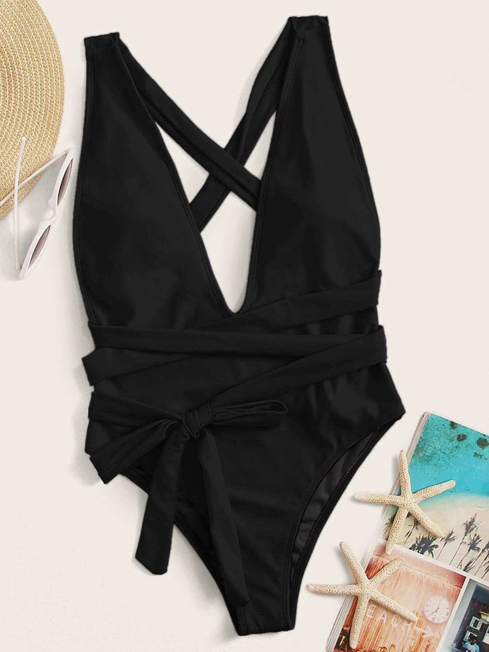 Halter Neck Deep V Tied One-Piece Swimsuit - Trendsi - Flyclothing LLC