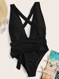 Halter Neck Deep V Tied One-Piece Swimsuit - Trendsi - Flyclothing LLC