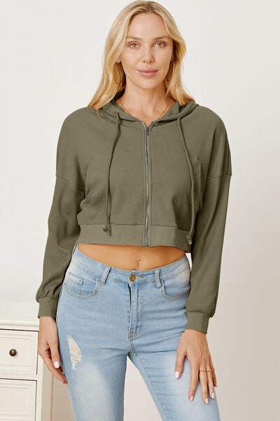 Waffle-Knit Drawstring Zip Up Hoodie - Trendsi - Flyclothing LLC