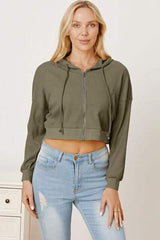 Waffle-Knit Drawstring Zip Up Hoodie - Trendsi - Flyclothing LLC