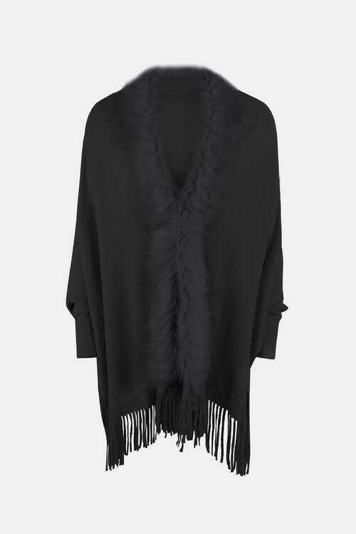 Fringe Open Front Long Sleeve Poncho - Trendsi - Flyclothing LLC