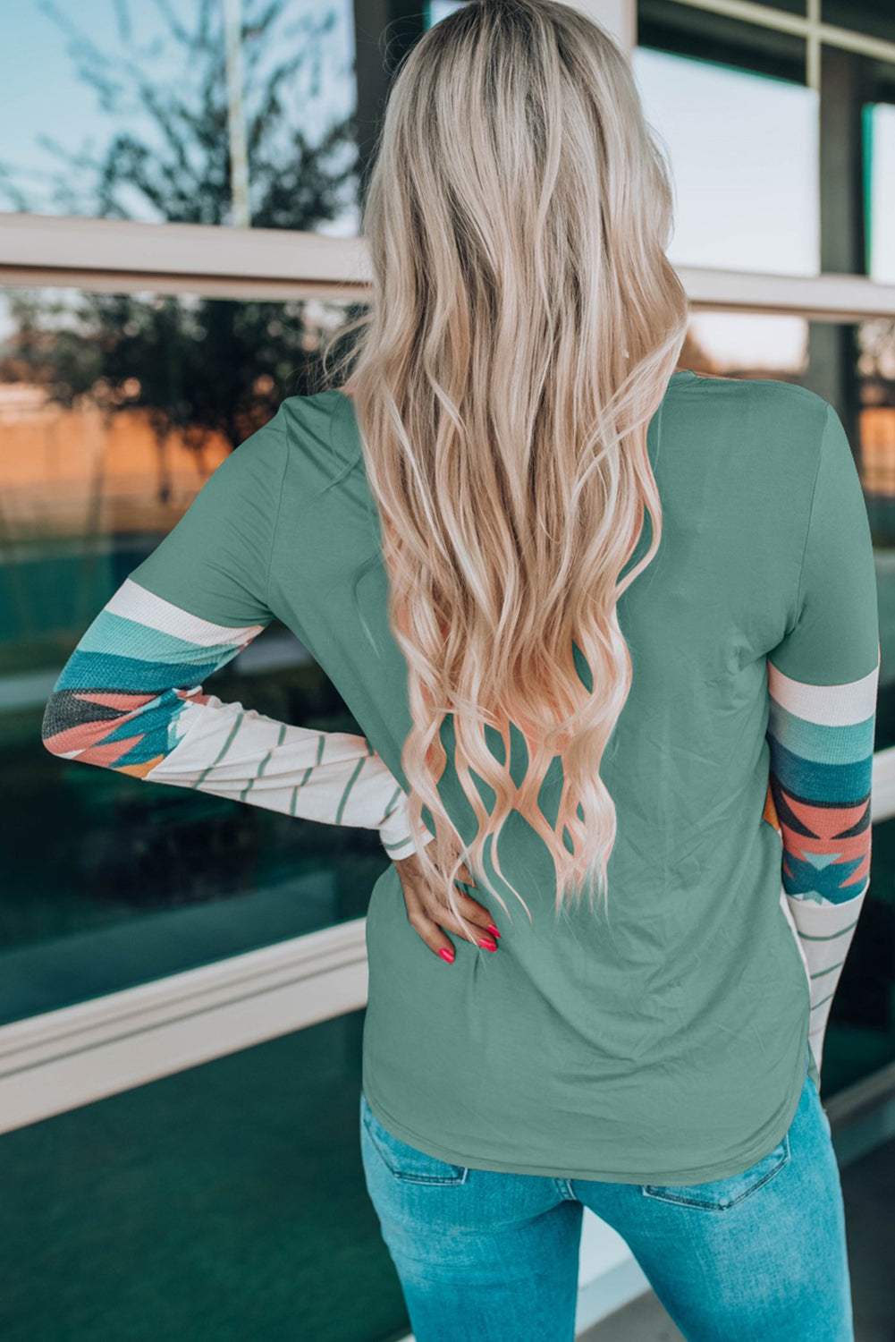 Geometric Round Neck Long Sleeve T-Shirt - Trendsi - Flyclothing LLC