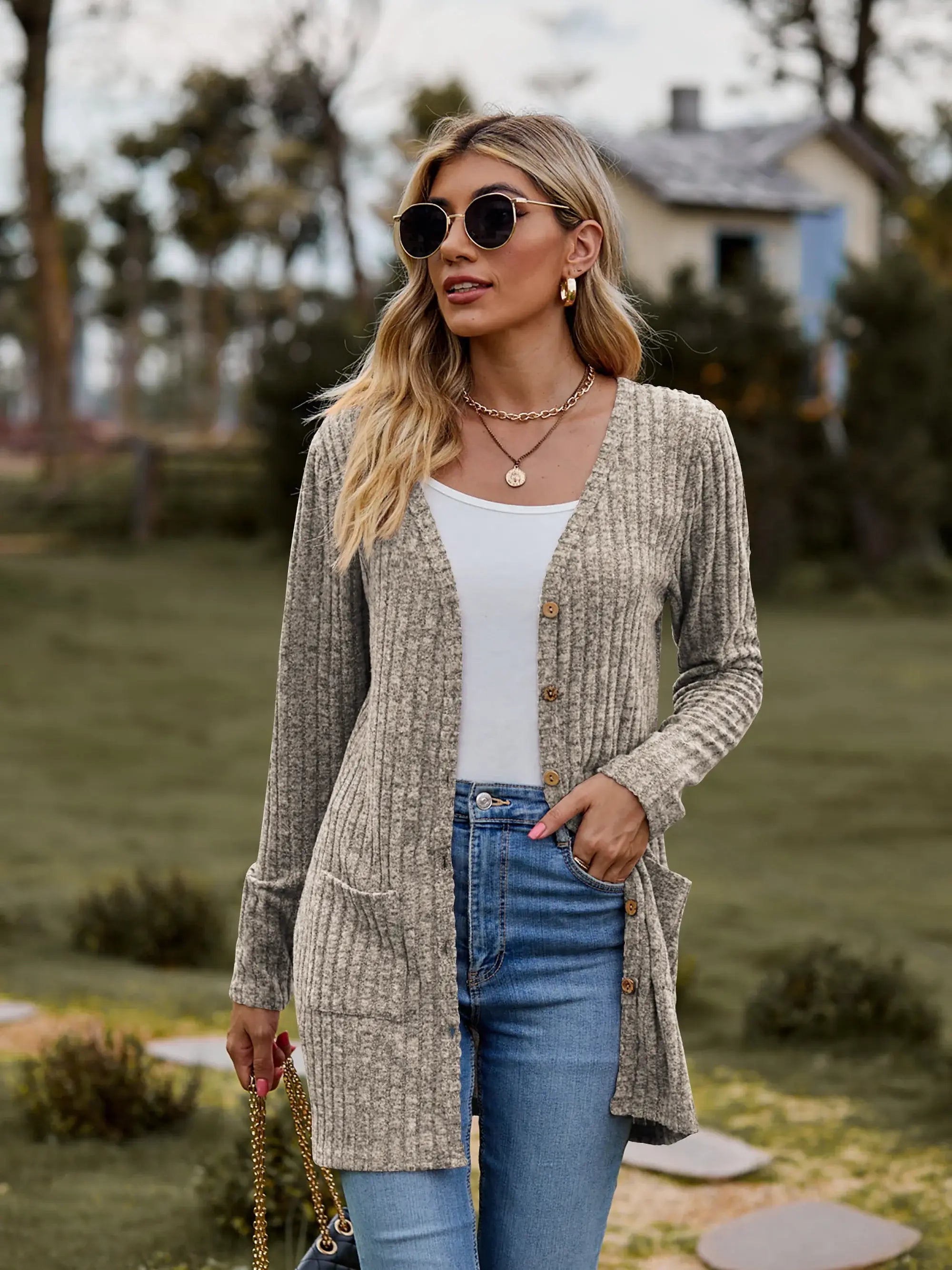 Ribbed Button-UP Caradigan with Pockets - Trendsi - Flyclothing LLC