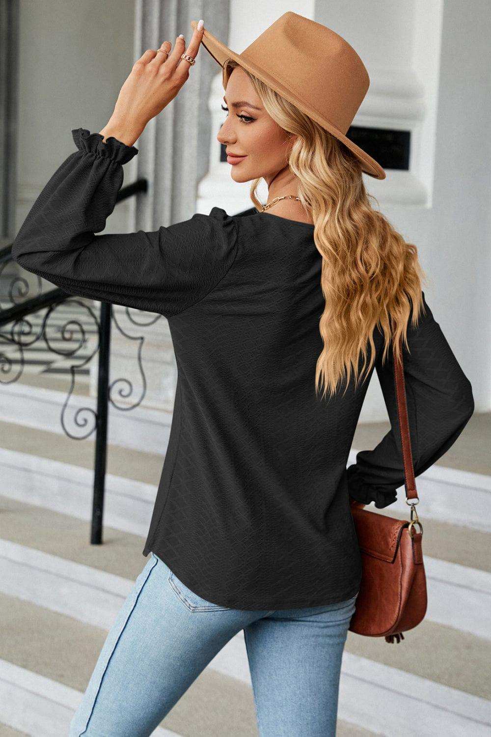 Round Neck Flounce Sleeve Blouse - Trendsi - Flyclothing LLC