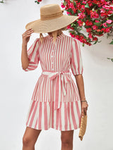 Striped Half Sleeve Tie Waist Mini Dress - Trendsi - Flyclothing LLC