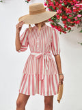 Striped Half Sleeve Tie Waist Mini Dress - Trendsi