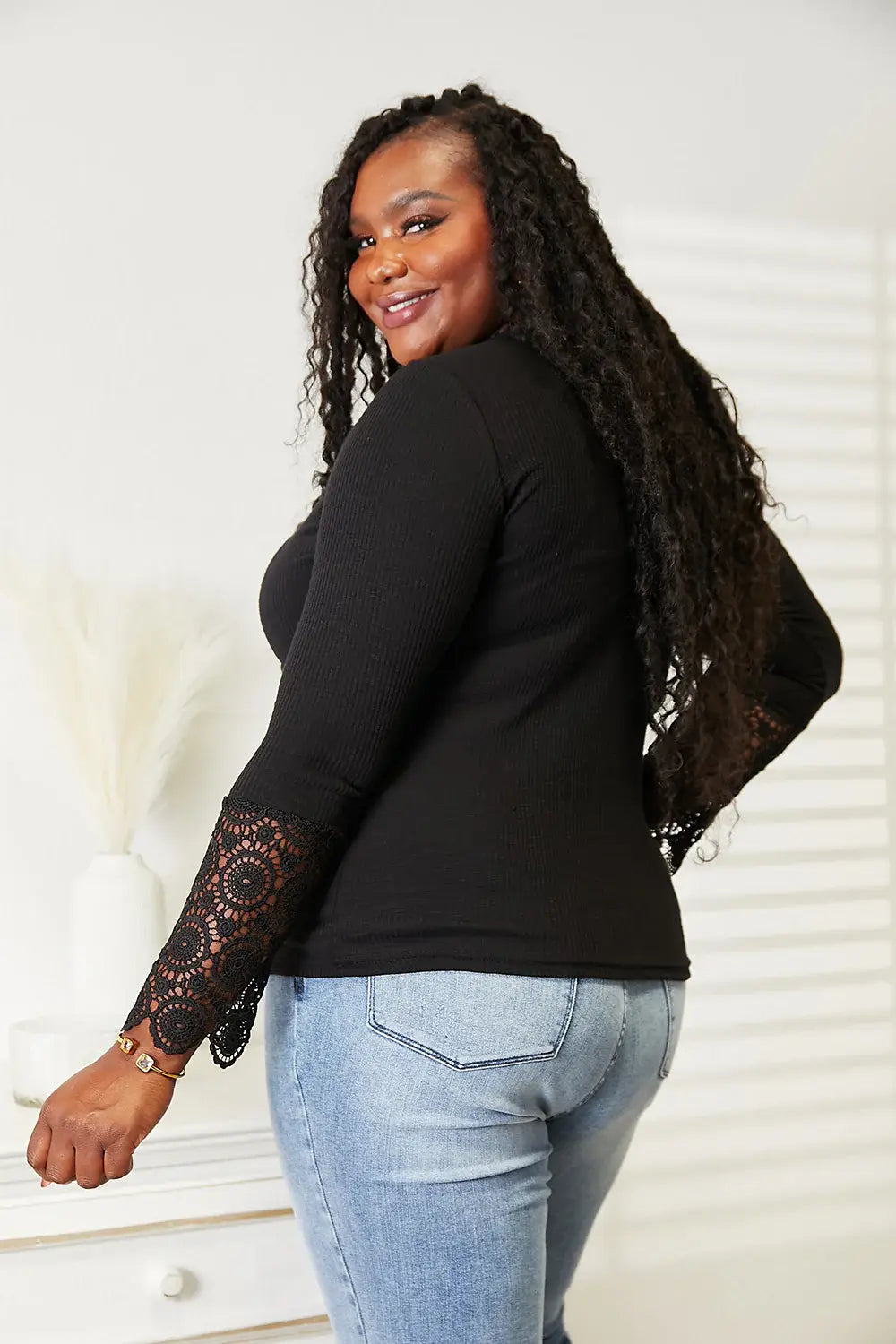 Double Take Crochet Lace Hem Sleeve Button Top - Trendsi - Flyclothing LLC