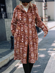 Geometric Button Down Hooded Fleece Coat - Trendsi