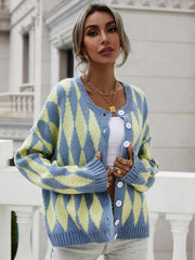 Argyle Button Front Drop Shoulder Cardigan - Trendsi