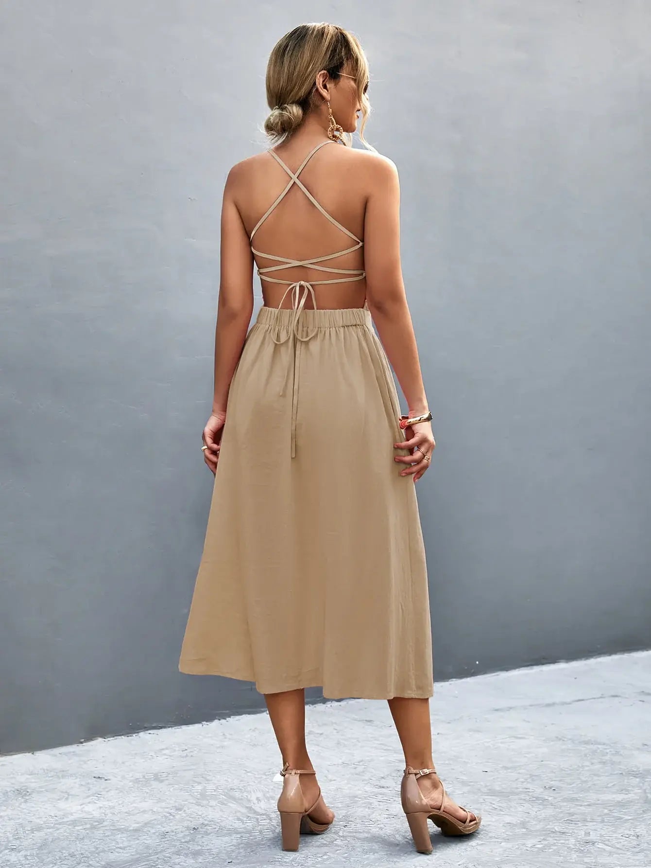 Buttoned Halter Neck Frill Trim Midi Dress - Trendsi - Flyclothing LLC