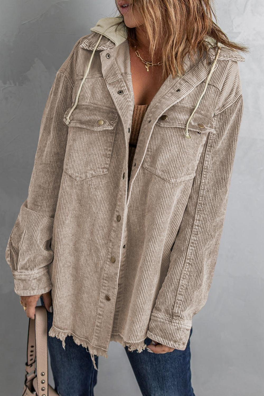 Snap Front Hooded Corduroy Shacket - Trendsi