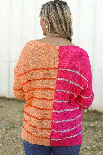 Striped Pocketed Dropper Shoulder Sweater - Trendsi - Flyclothing LLC