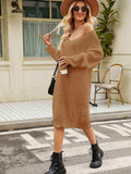V-Neck Long Sleeve Sweater Dress - Trendsi - Flyclothing LLC