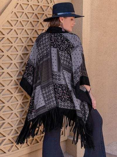 Plus Size Printed Fringe Open Front Outerwear - Trendsi - Flyclothing LLC