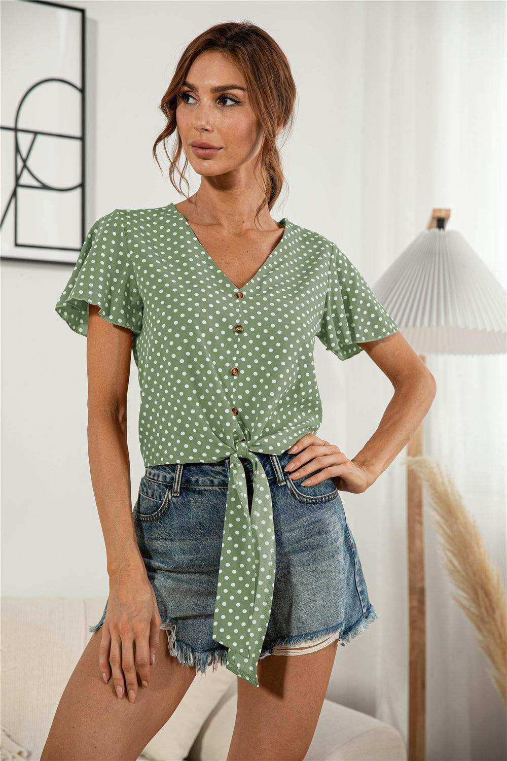 Decorative Button V-Neck Tied Blouse - Trendsi - Flyclothing LLC