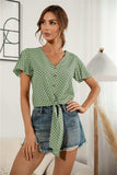 Decorative Button V-Neck Tied Blouse - Trendsi - Flyclothing LLC