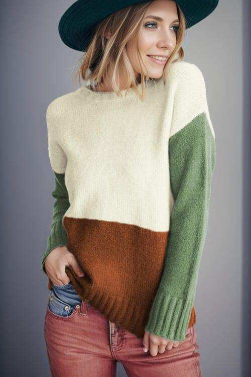 Color Block Round Neck Long Sleeve Sweater - Trendsi - Flyclothing LLC