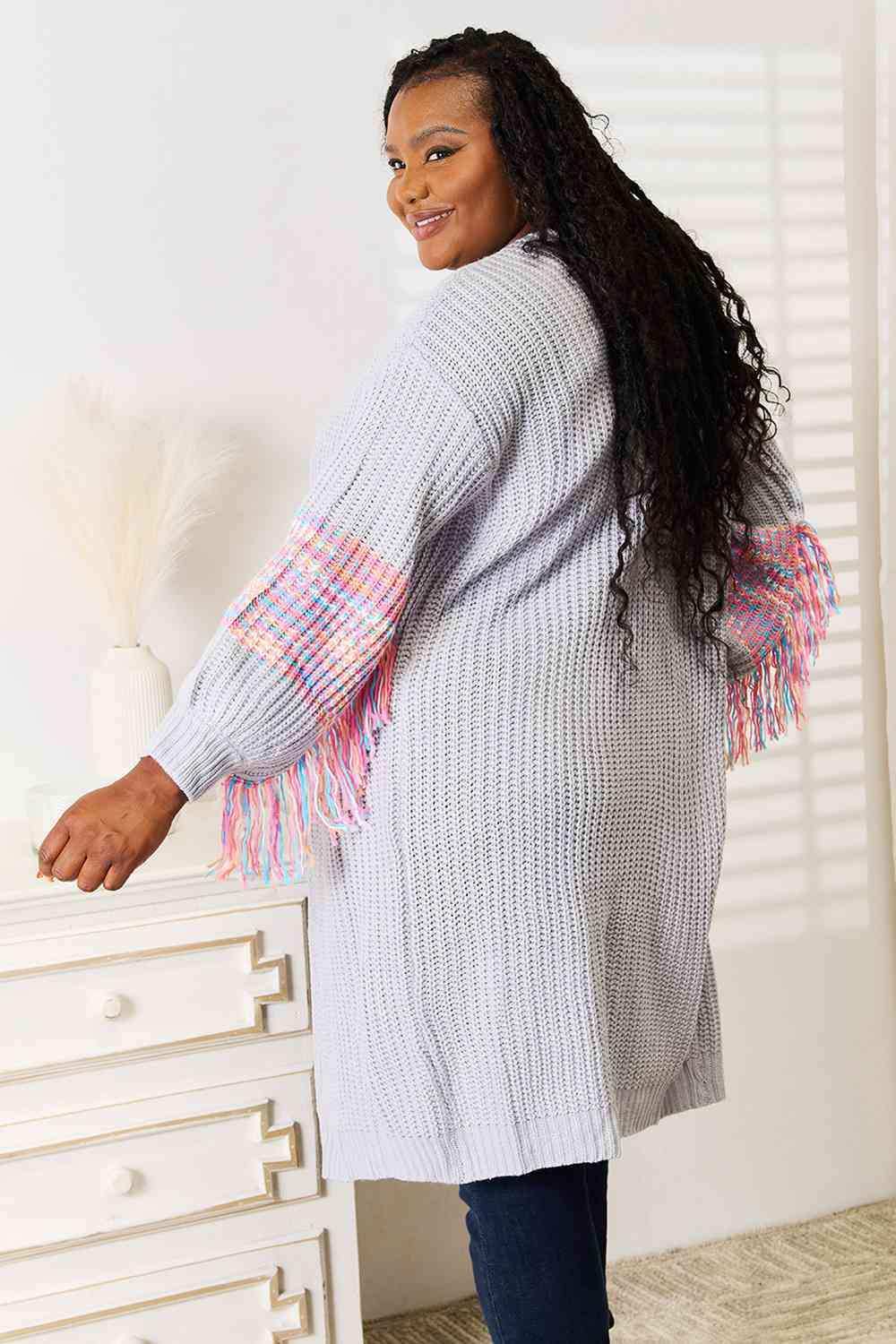Woven Right Fringe Sleeve Dropped Shoulder Cardigan - Trendsi - Flyclothing LLC